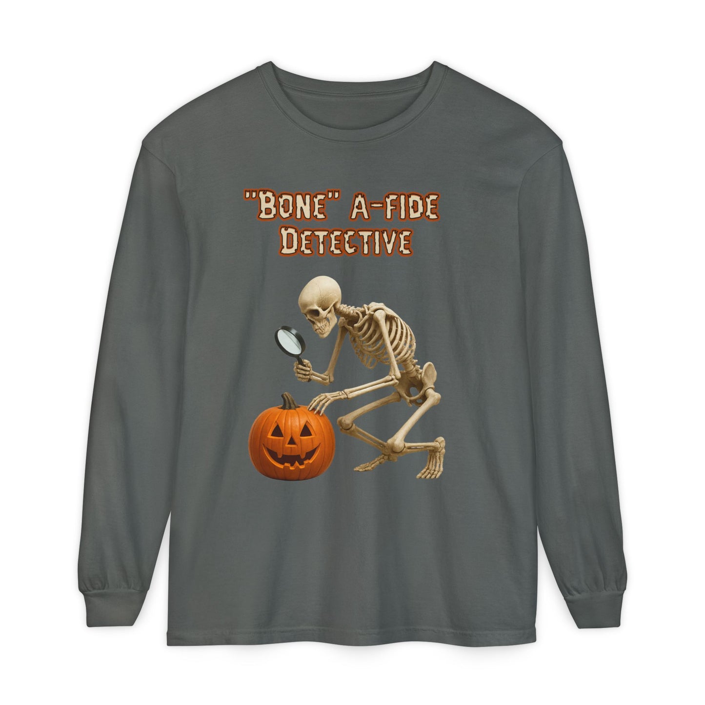 Long Sleeve T-Shirt Bone-a-fide Detective Halloween Skeleton Design