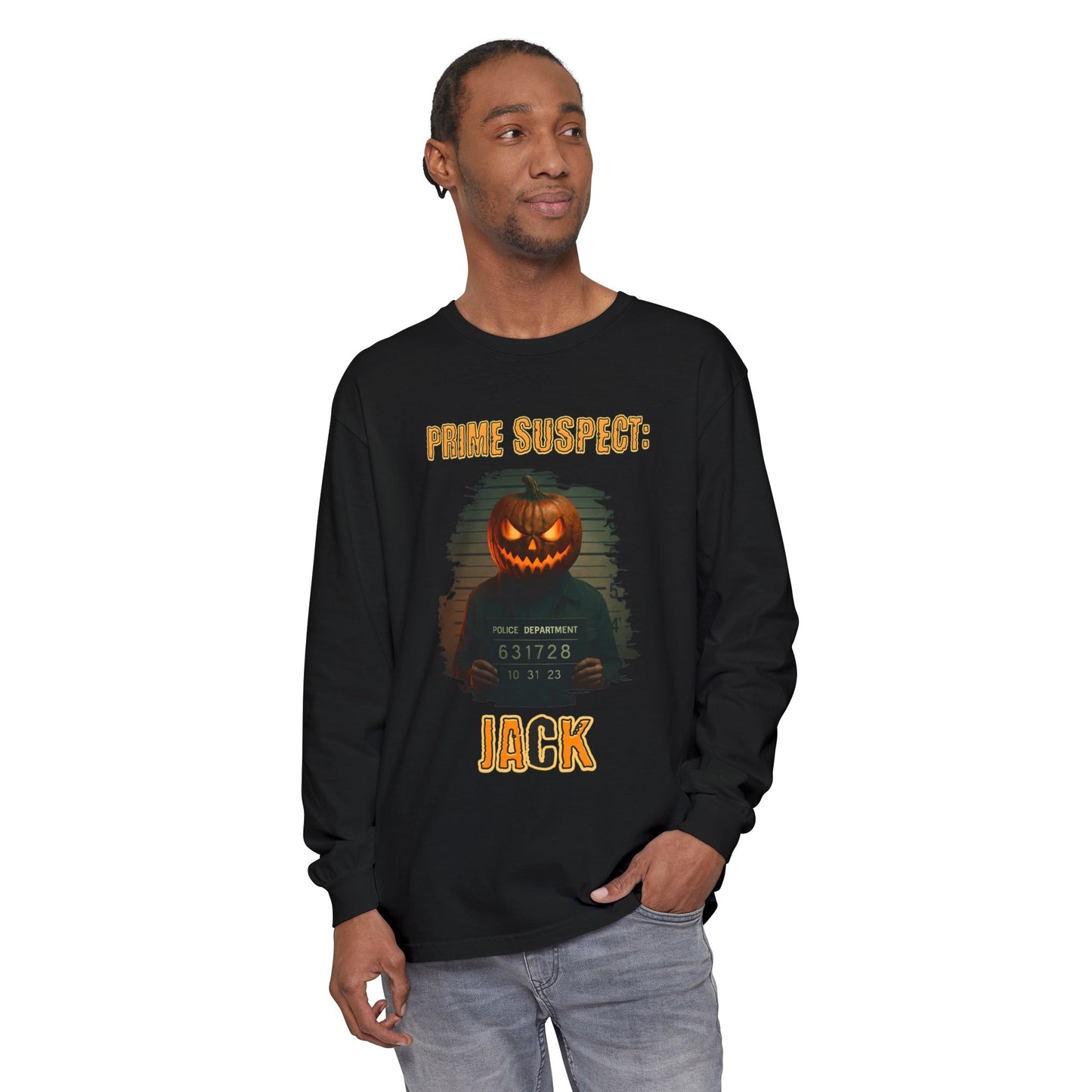 Photorealistic Pumpkin Mask Mugshot Unisex Long Sleeve Shirt, Halloween Costume, Jack-O-Lantern Gift, Fall Apparel, Halloween Party Outfit