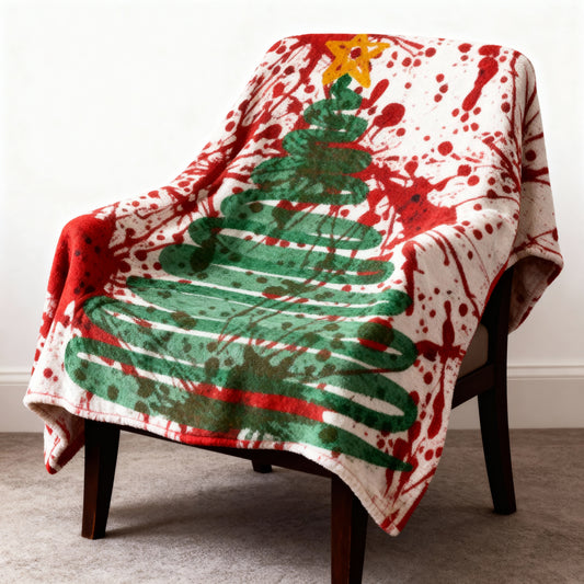 CRIME SHOW ADDICTS True Crime Christmas Blanket – Blood Splatter Tree Cozy Flannel Throw | Horror Holiday Blanket for Crime Show Fans | Soft Winter Couch & Bed Throw