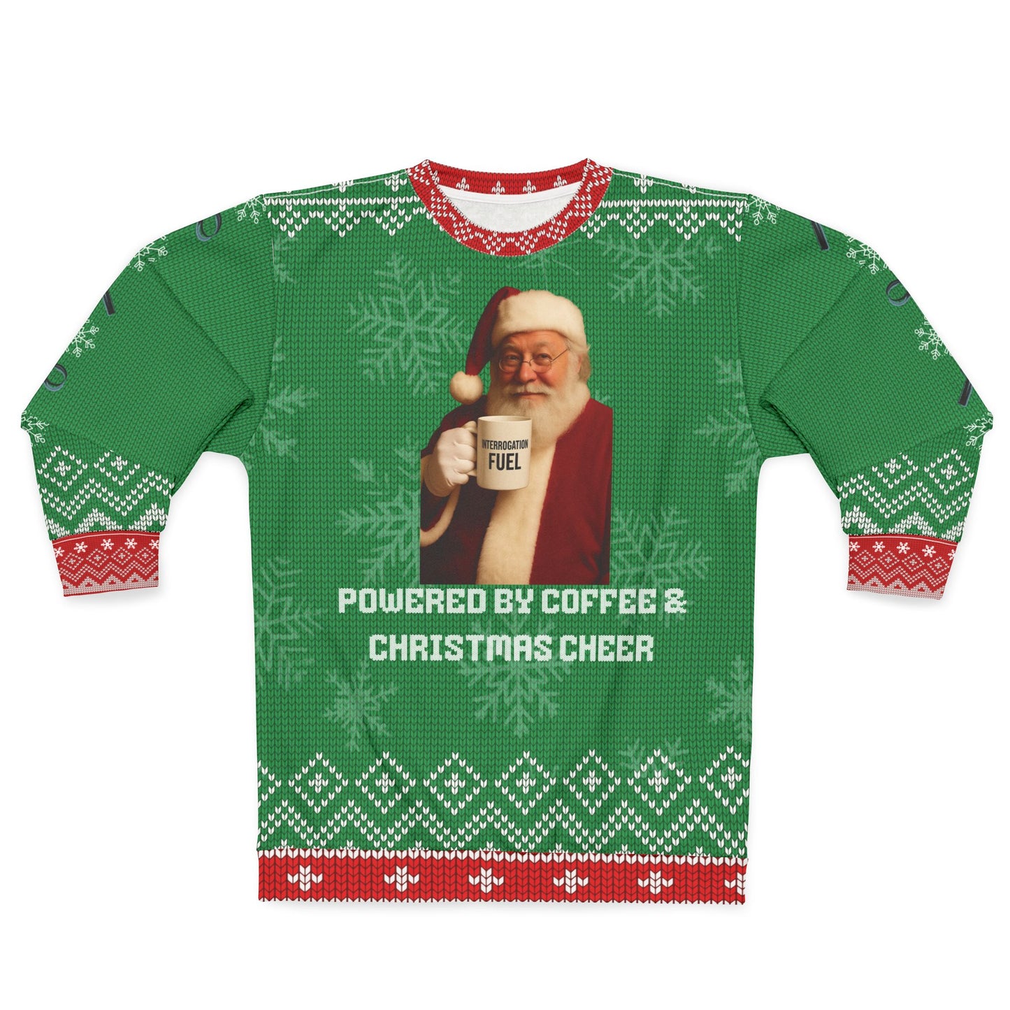 Powered by Coffee & Christmas Cheer Ugly Christmas Sweater – Funny Santa Crime Show Sweatshirt | “Interrogation Fuel” Holiday Sweater for True Crime Fans