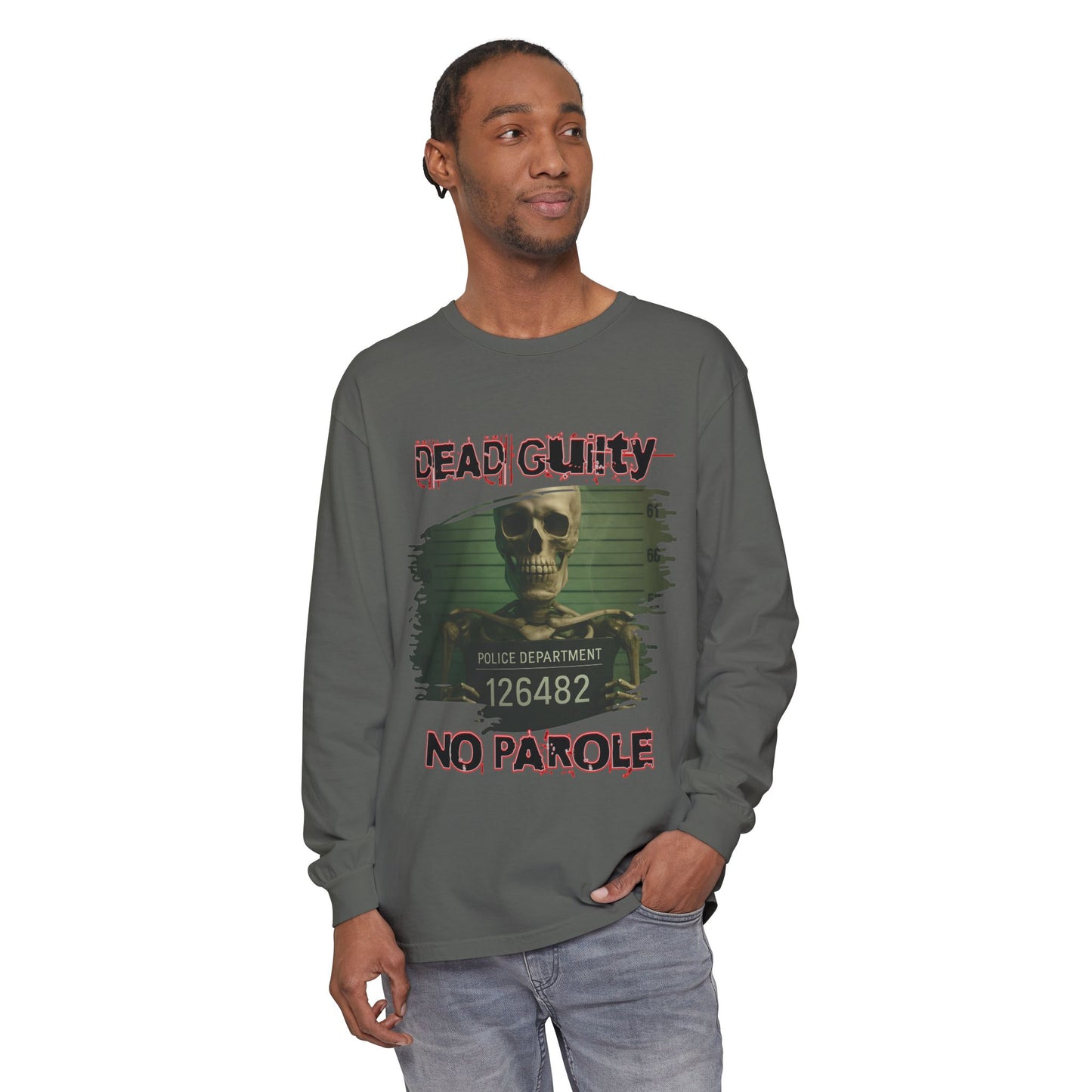 Skeleton Mugshot Long Sleeve T-Shirt, Eerie Halloween Shirt, Creepy Green Glow Tee, Unisex Police Height Chart Top, Faint Cobwebs Goth