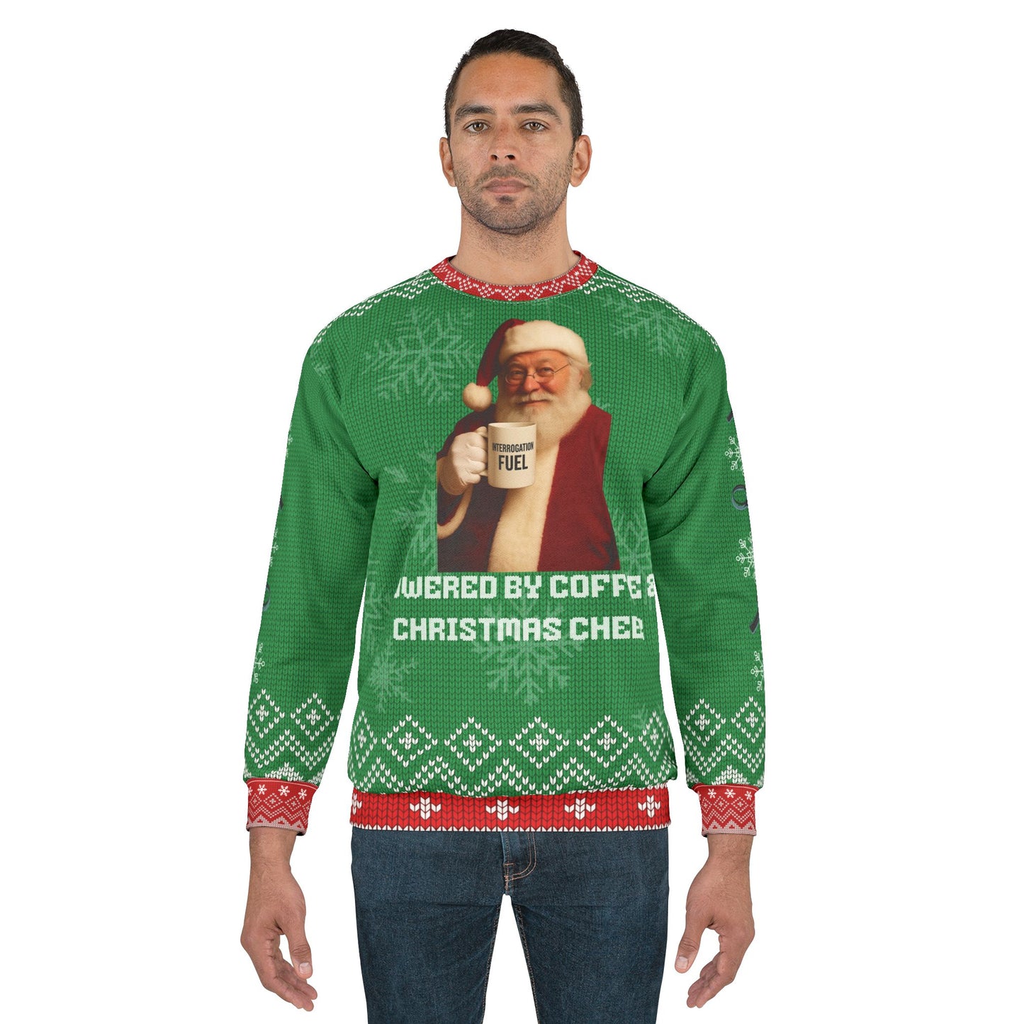 Powered by Coffee & Christmas Cheer Ugly Christmas Sweater – Funny Santa Crime Show Sweatshirt | “Interrogation Fuel” Holiday Sweater for True Crime Fans