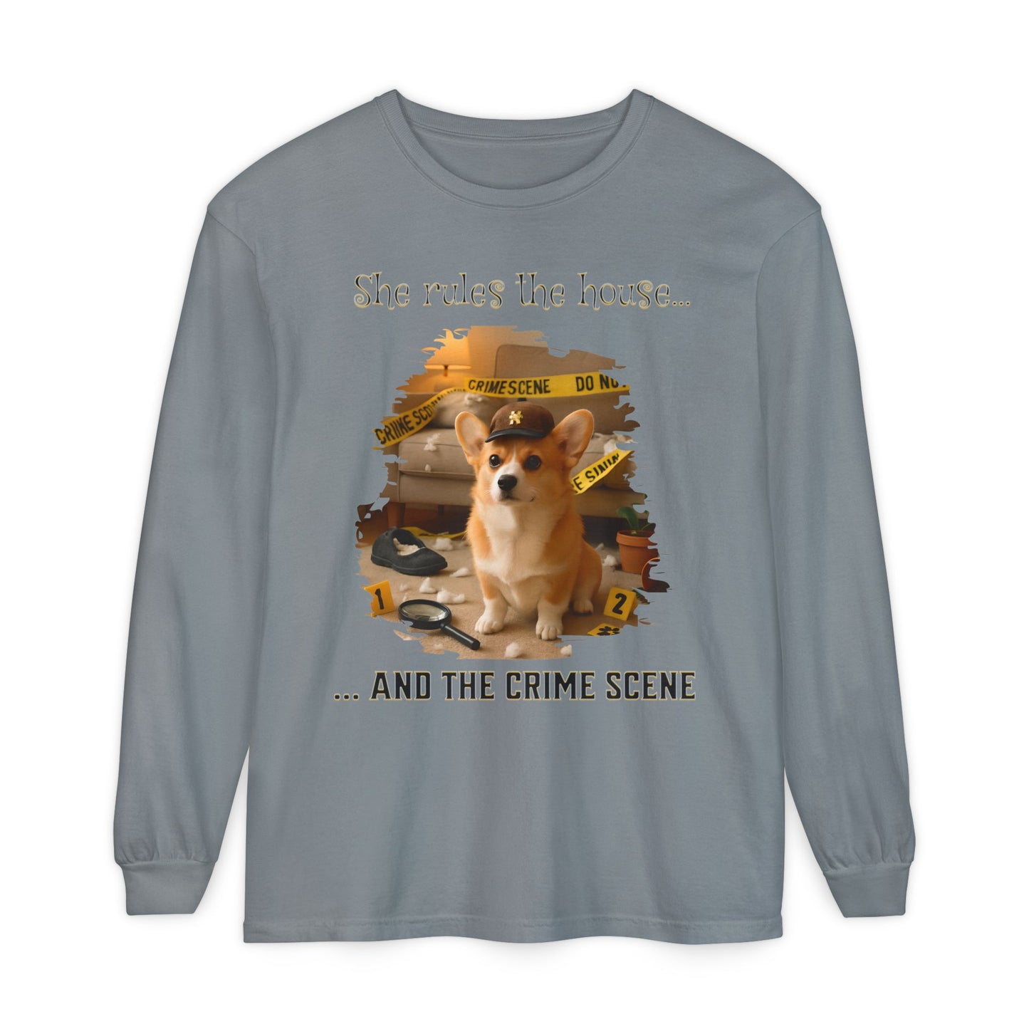 Corgi Crime Scene Unisex Long Sleeve T-Shirt, Funny Dog in Baseball Cap Tee, She Runs The House Apparel, Cute Pet Lover Gift, Casual Cotton