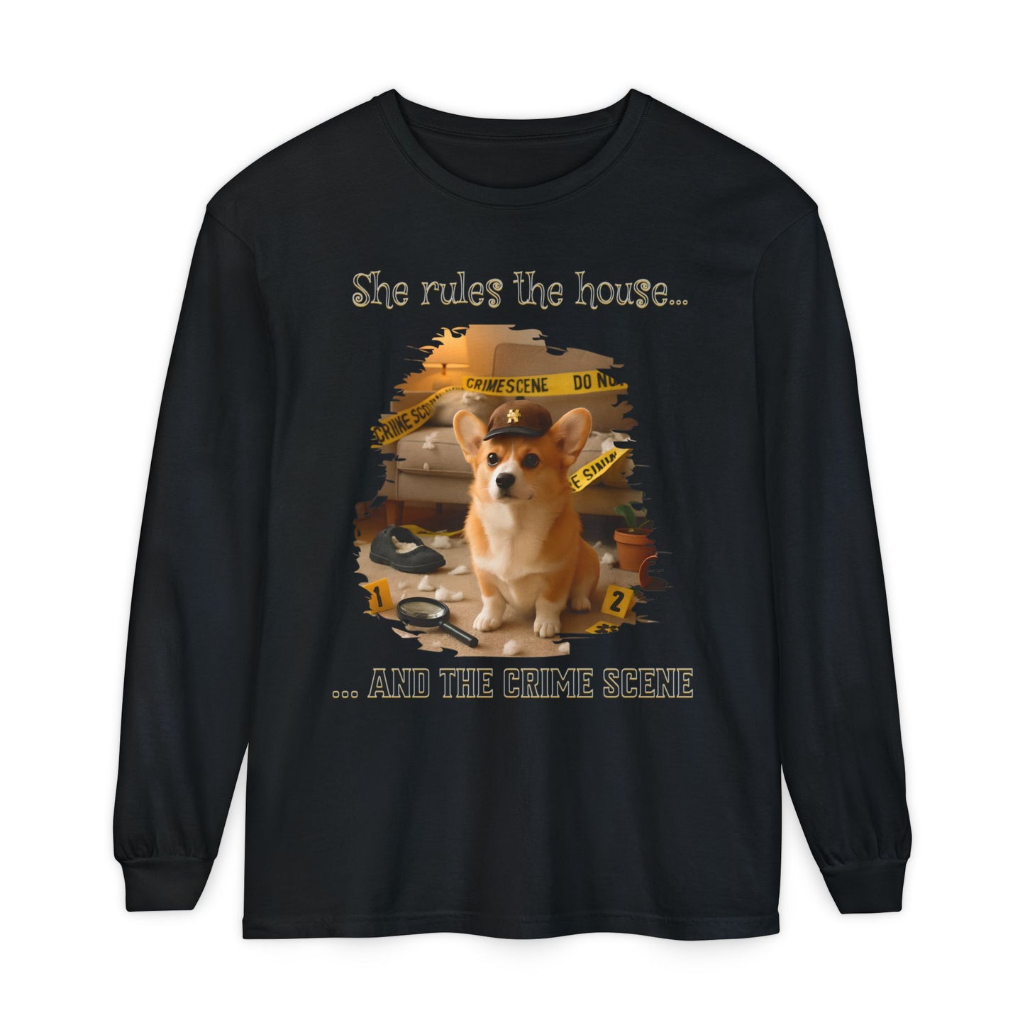 Corgi Crime Scene Unisex Long Sleeve T-Shirt, Funny Dog in Baseball Cap Tee, She Runs The House Apparel, Cute Pet Lover Gift, Casual Cotton