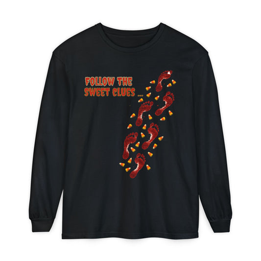 Long Sleeve T-Shirt - Follow the Sweet Clues - Bloody Footprints and Candy Corn Design