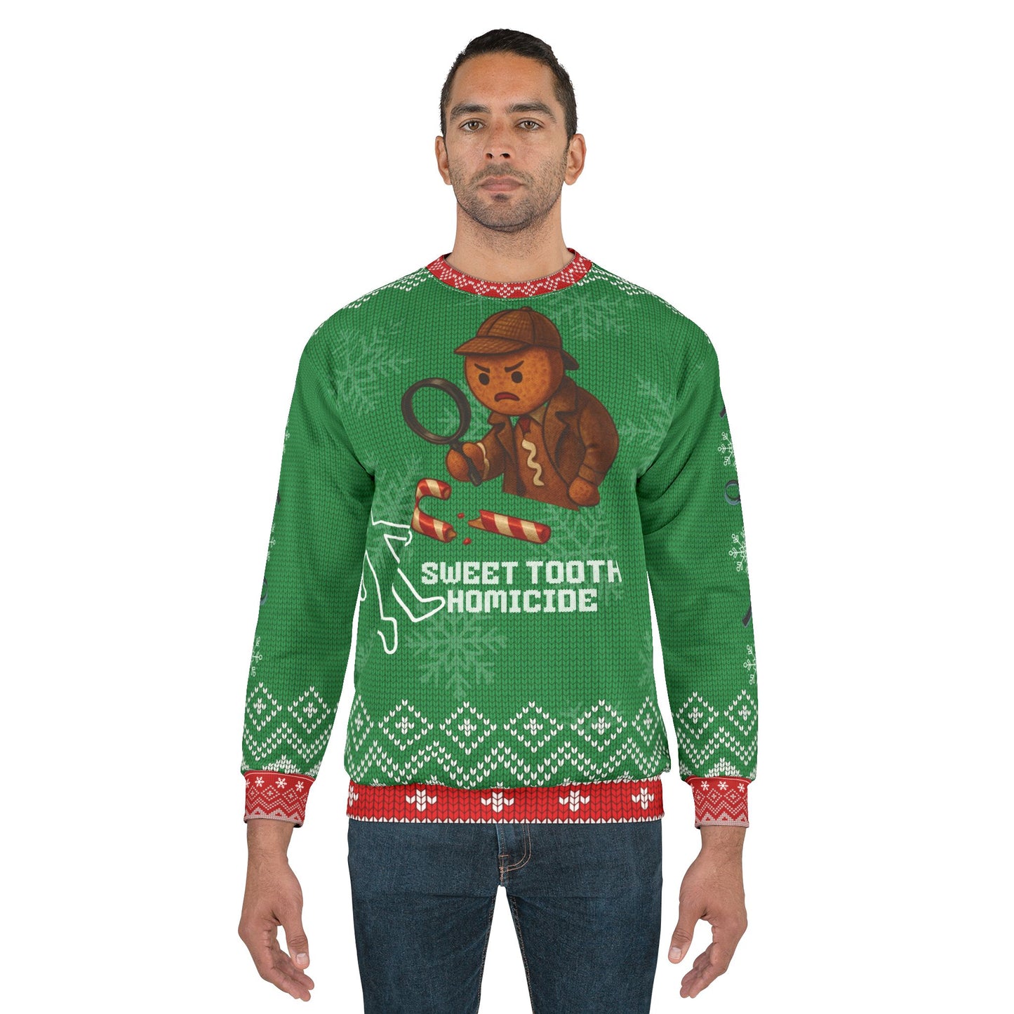 Sweet Tooth Homicide Ugly Christmas Sweater – Funny Gingerbread Crime Scene Sweatshirt | True Crime Christmas Sweater for Holiday Mystery Fans