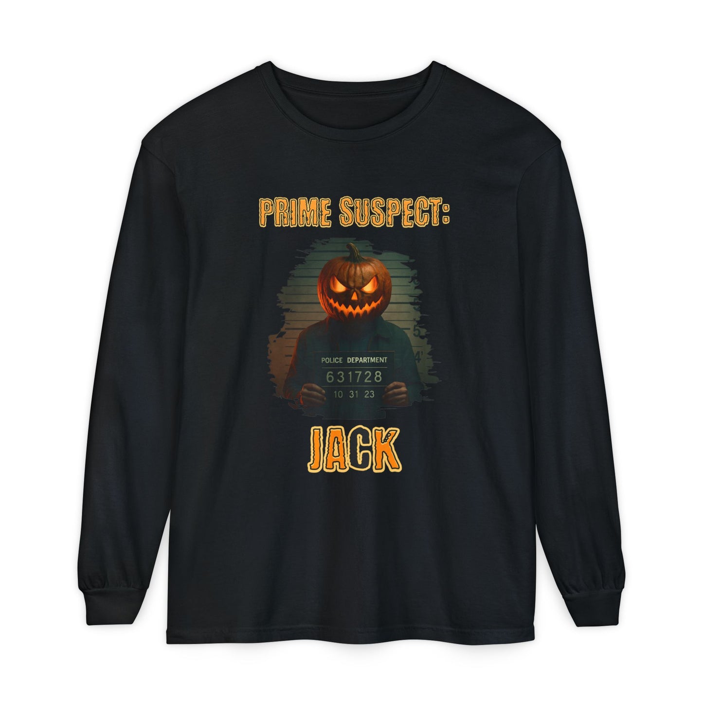 Photorealistic Pumpkin Mask Mugshot Unisex Long Sleeve Shirt, Halloween Costume, Jack-O-Lantern Gift, Fall Apparel, Halloween Party Outfit