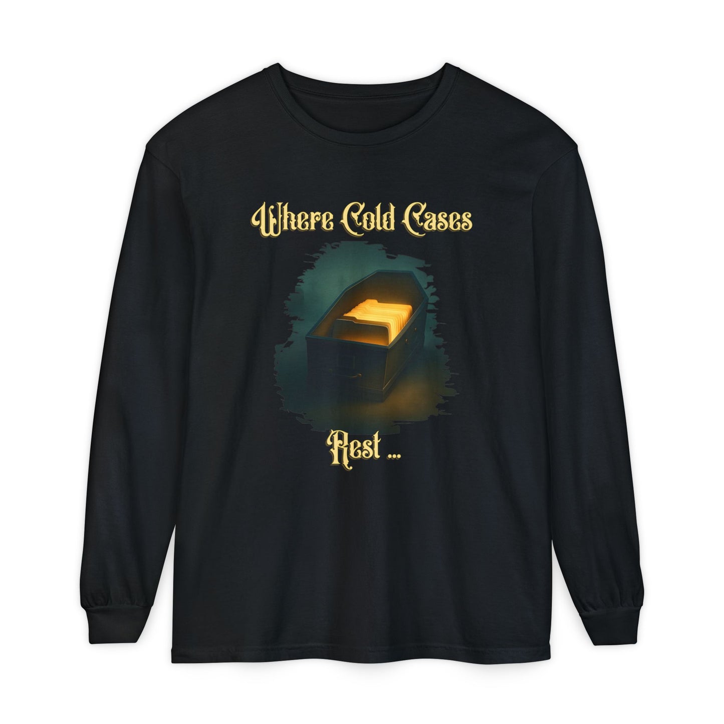 Coffin Drawer Long Sleeve T-Shirt, Mystery Gift, True Crime Merch, Cold Case Shirt, Halloween Outfit, Crime Scene Costume