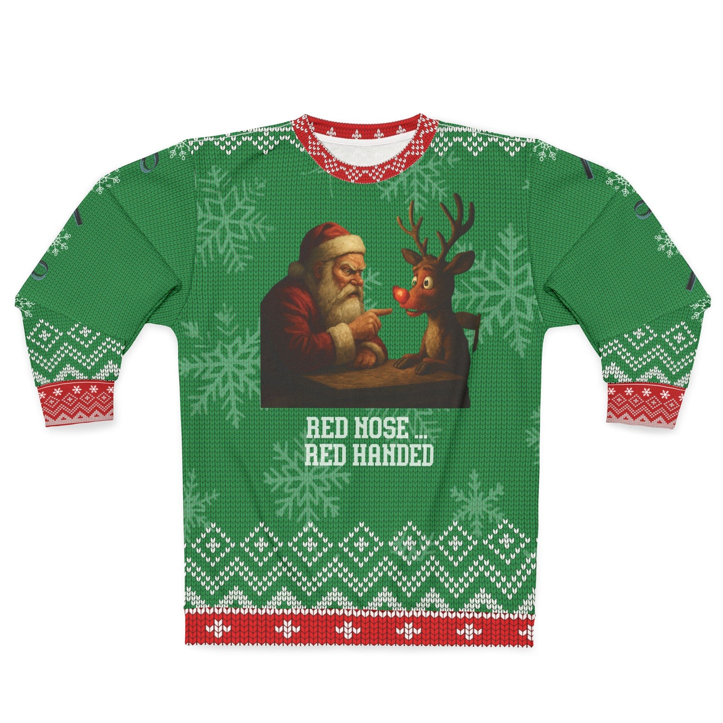 Red Nose Red Handed Ugly Christmas Sweater – Funny Santa & Rudolph Interrogation Sweatshirt | Crime Show Christmas Sweater for True Crime Fans