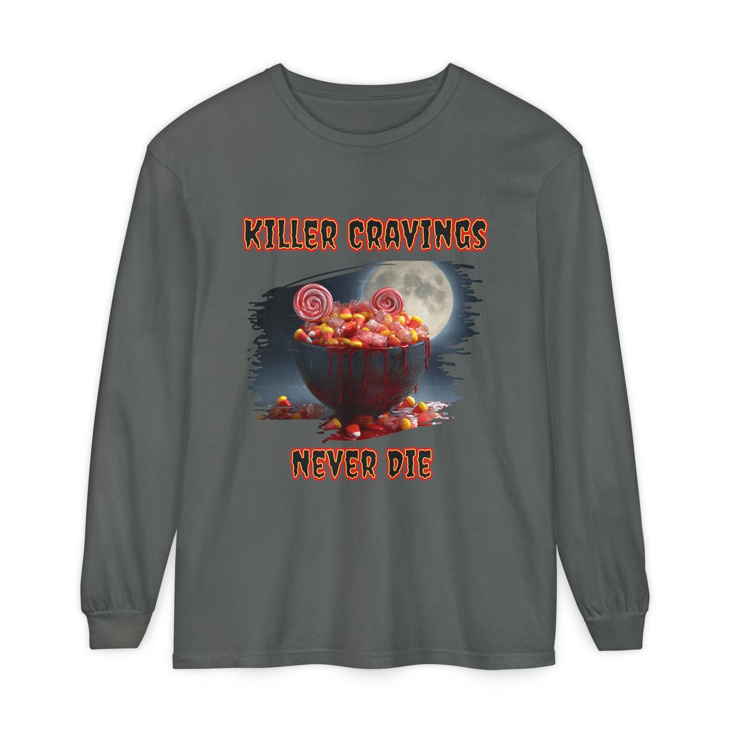 Halloween Candy Bowl Long Sleeve T-Shirt, Spooky Candy Corn Lollipops Moonlight Glow, Killer Cravings Never Die, Unisex Tee, Halloween