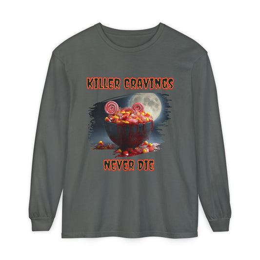 Halloween Candy Bowl Long Sleeve T-Shirt, Spooky Candy Corn Lollipops Moonlight Glow, Killer Cravings Never Die, Unisex Tee, Halloween