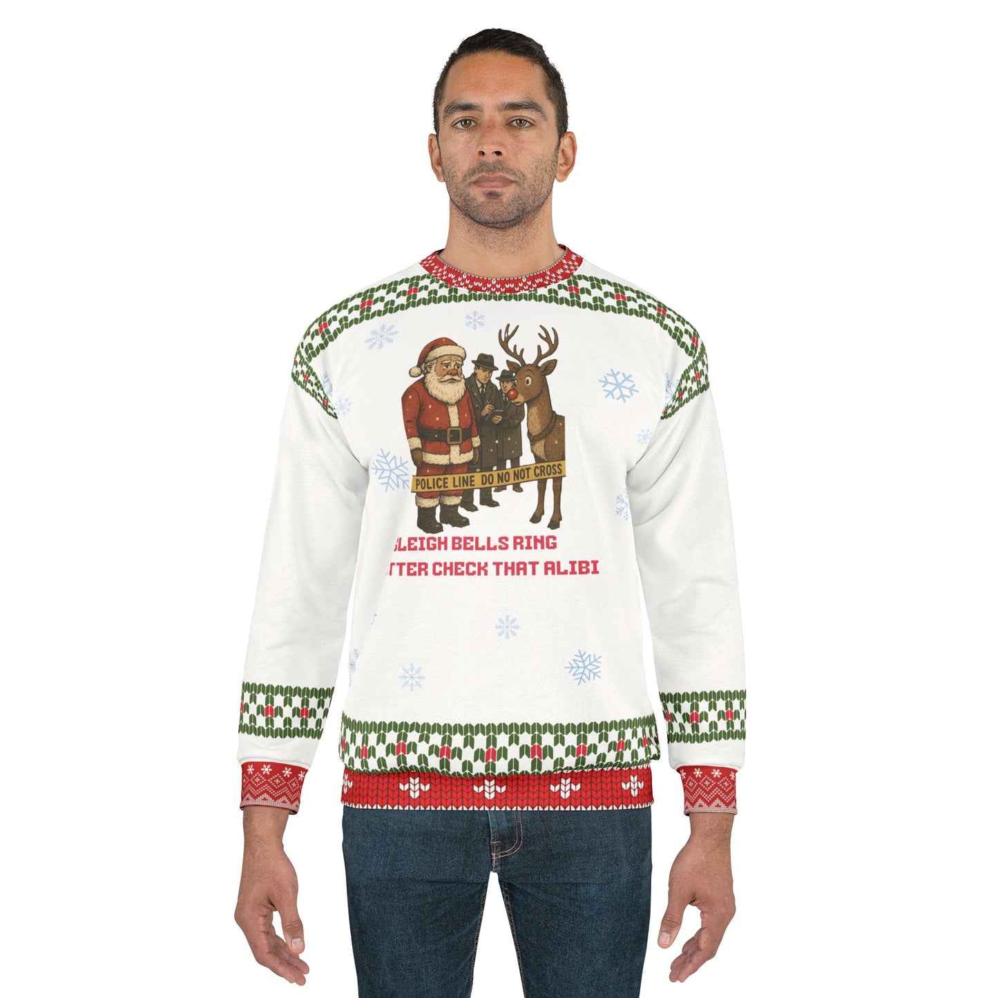 Crime Show Christmas Sweater • “Better Check That Alibi” Santa & Reindeer Sweatshirt • Funny True Crime Holiday Sweater • Dark Humor Xmas Gift
