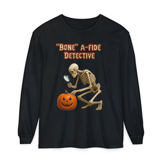 Long Sleeve T-Shirt Bone-a-fide Detective Halloween Skeleton Design