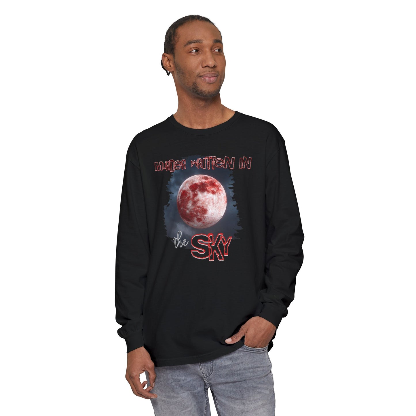 Blood Moon Long Sleeve T-Shirt, Murder Written in the Sky, Unisex Top for Gothic Lovers, Halloween Fashion, Spooky Clothing, Full Moon