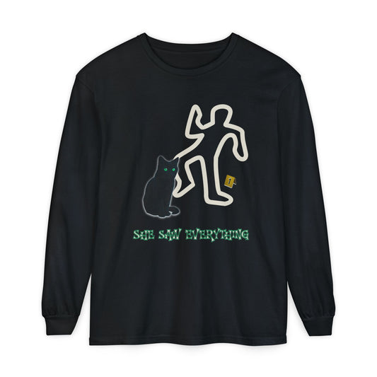Long Sleeve T-Shirt Black Cat with Green Eyes Crime Scene Design