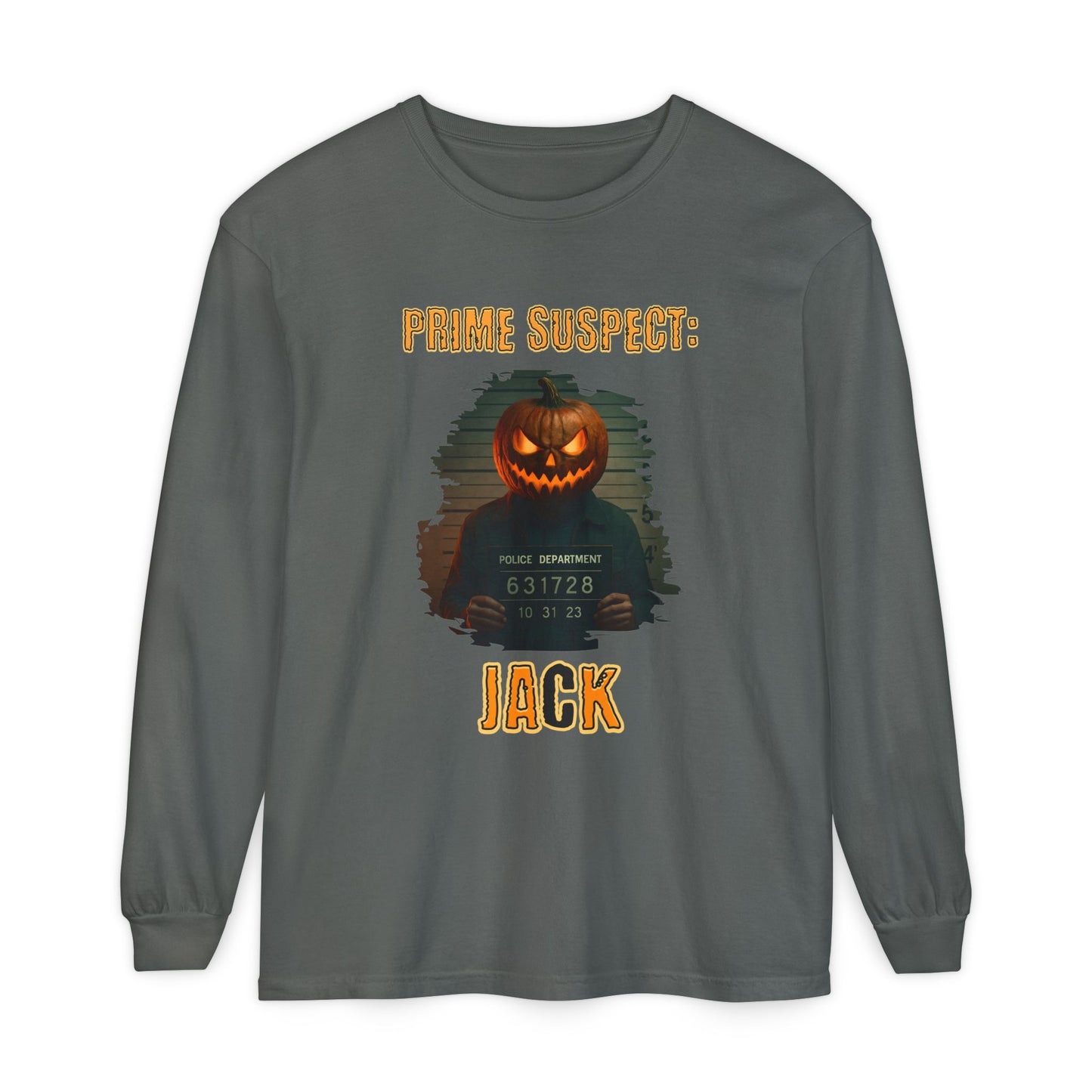 Photorealistic Pumpkin Mask Mugshot Unisex Long Sleeve Shirt, Halloween Costume, Jack-O-Lantern Gift, Fall Apparel, Halloween Party Outfit