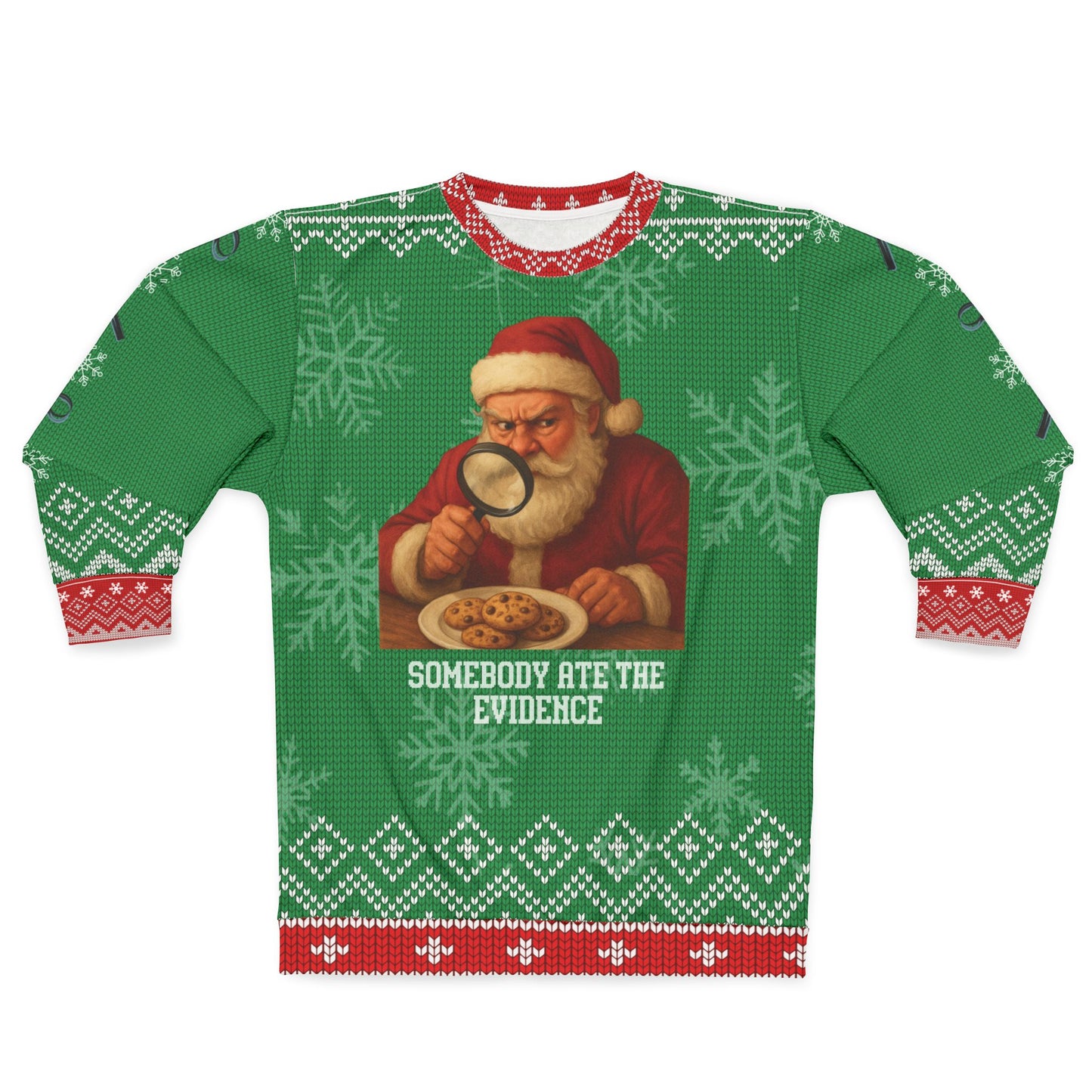 Funny Santa Christmas Sweater – “Somebody Ate the Evidence” Ugly Christmas Sweatshirt | Hilarious Holiday Sweater for Cookie & True Crime Lovers