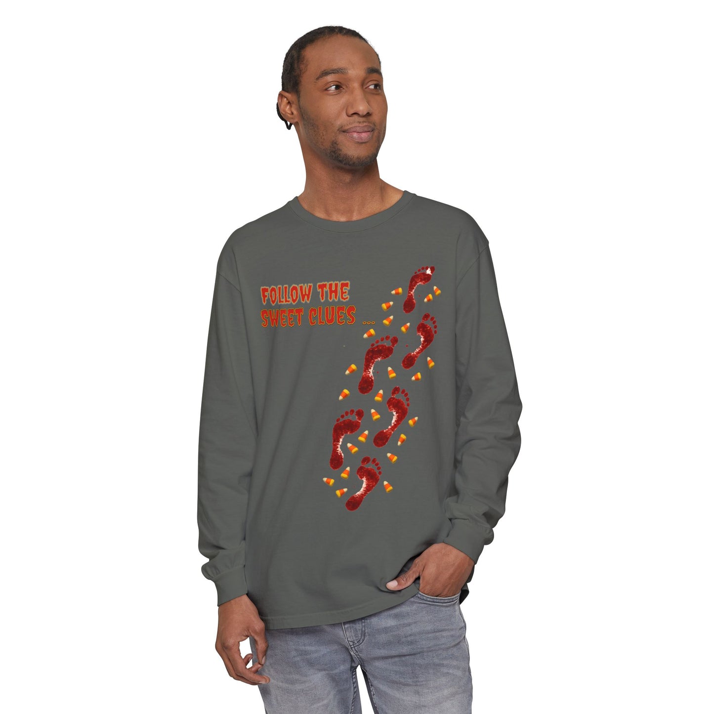 Long Sleeve T-Shirt - Follow the Sweet Clues - Bloody Footprints and Candy Corn Design