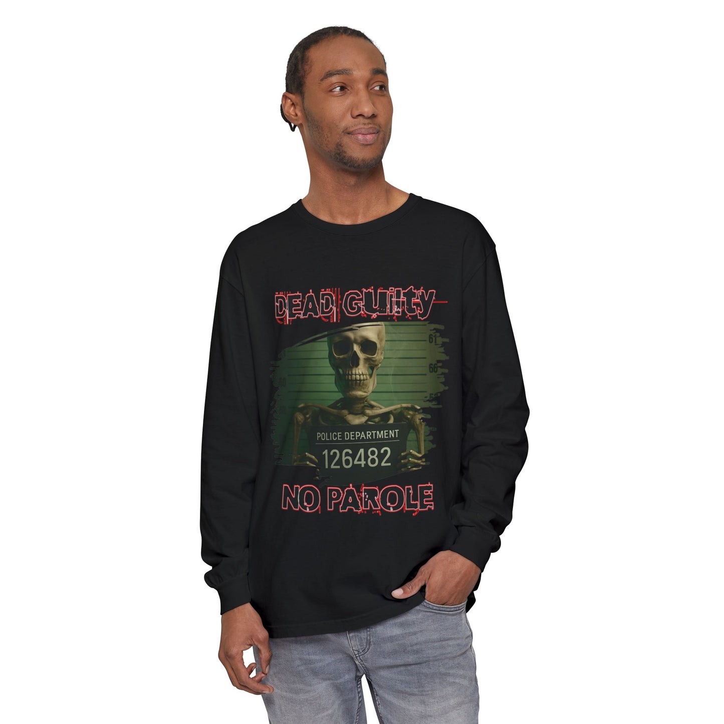 Skeleton Mugshot Long Sleeve T-Shirt, Eerie Halloween Shirt, Creepy Green Glow Tee, Unisex Police Height Chart Top, Faint Cobwebs Goth