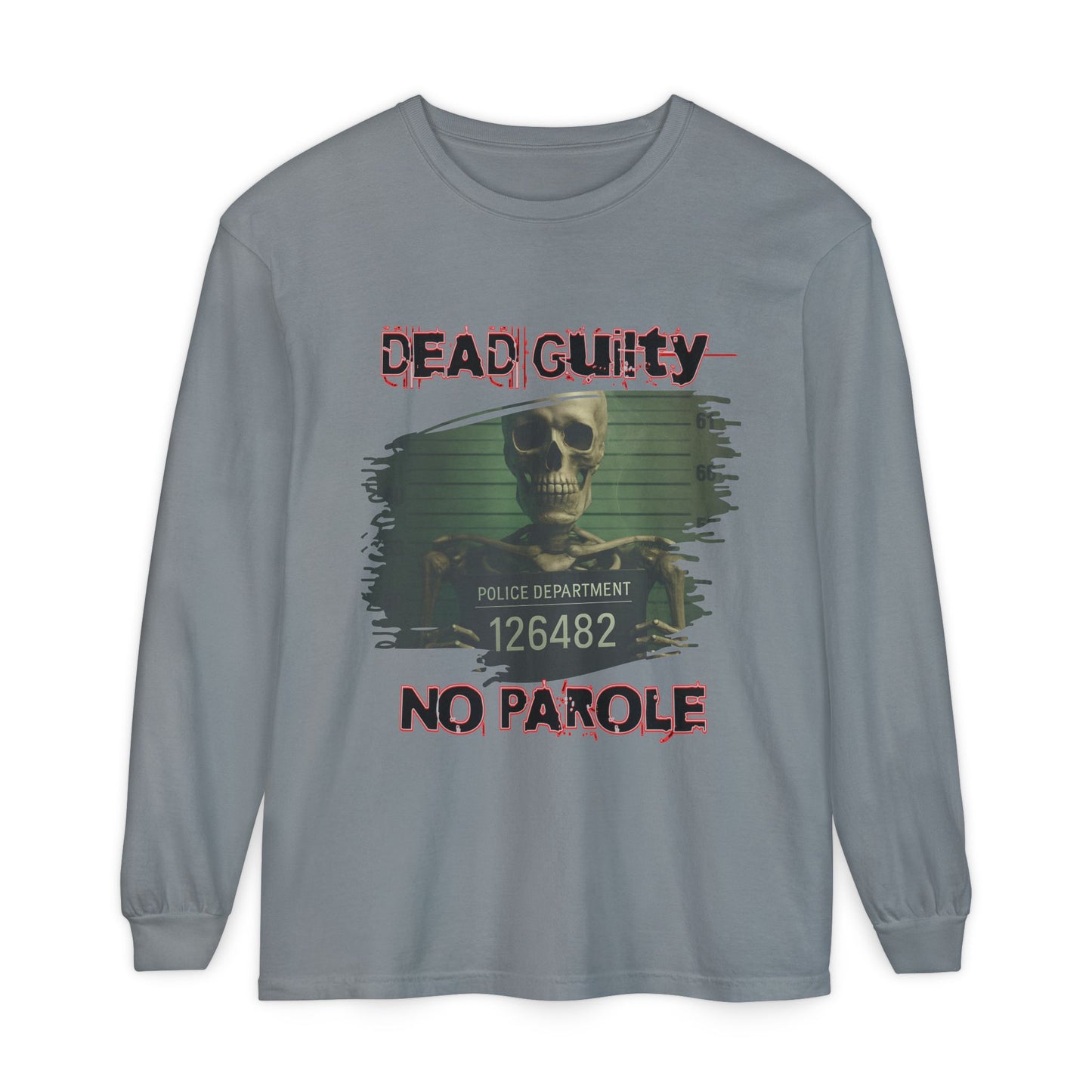 Skeleton Mugshot Long Sleeve T-Shirt, Eerie Halloween Shirt, Creepy Green Glow Tee, Unisex Police Height Chart Top, Faint Cobwebs Goth