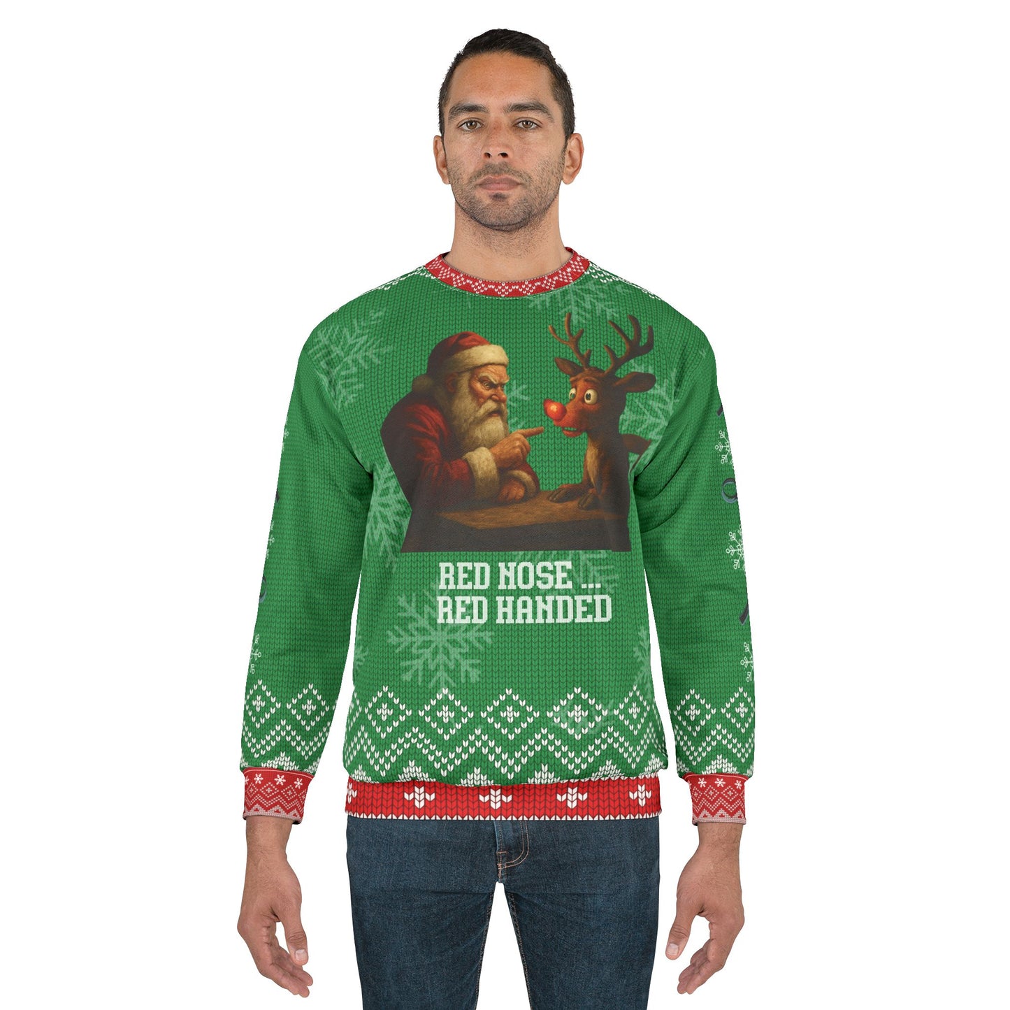 Red Nose Red Handed Ugly Christmas Sweater – Funny Santa & Rudolph Interrogation Sweatshirt | Crime Show Christmas Sweater for True Crime Fans