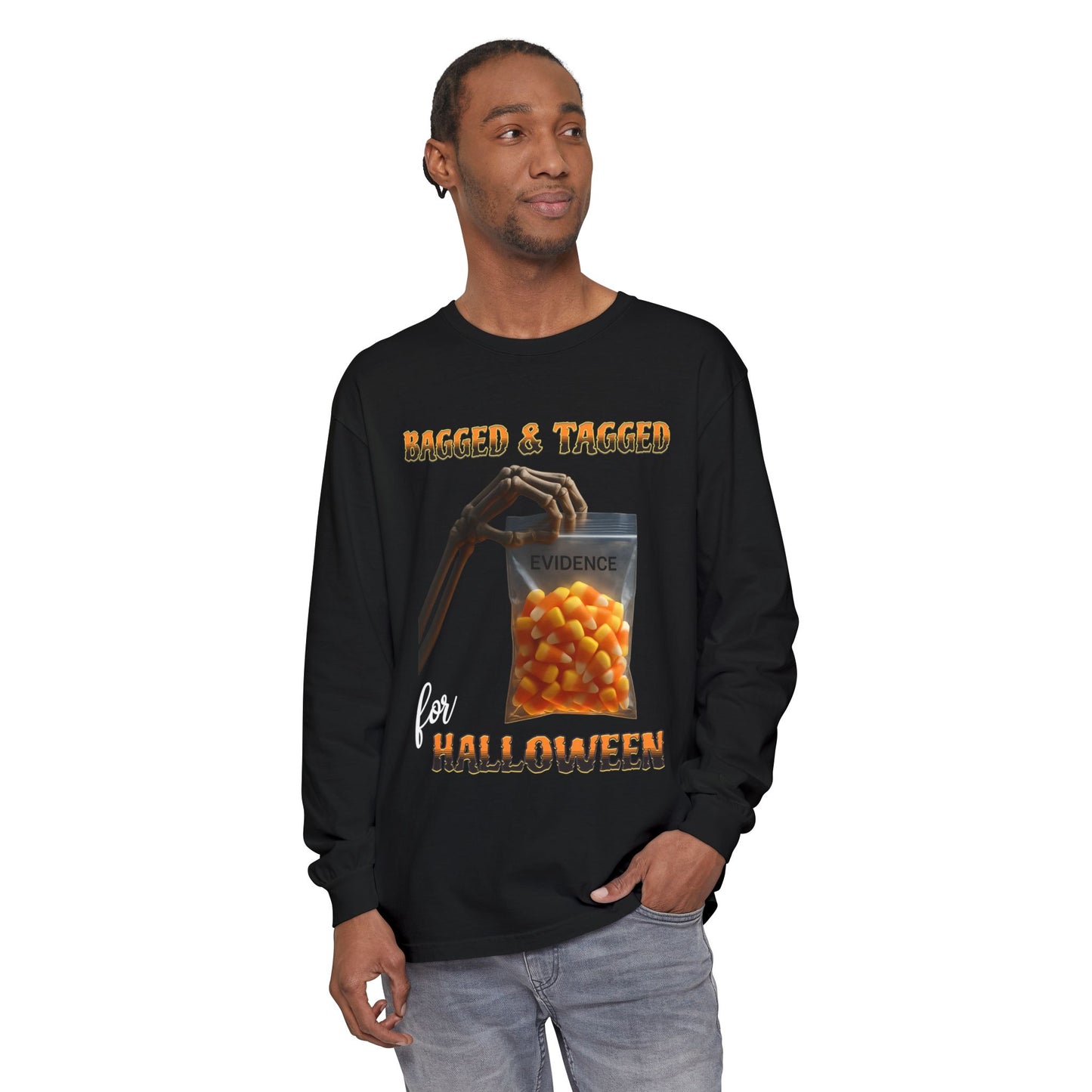 Halloween Long Sleeve T-Shirt, Skeleton Hand Candy Corn Glow Bag, Spooky Tee, Trick or Treat Top, Creepy Costume Shirt, October Apparel
