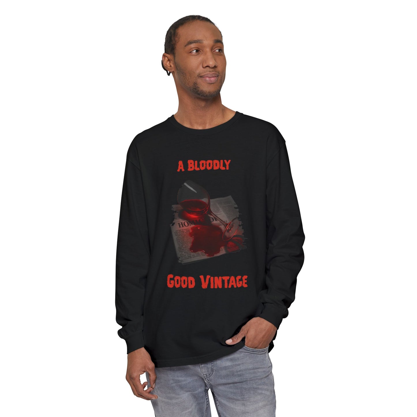 Wine Glass Long Sleeve T-Shirt, Bloody Good Vintage, Unisex Tee, Red Wine Shirt, Newspaper Print Top, Dark Graphic Tee, Wine Stain Shirt