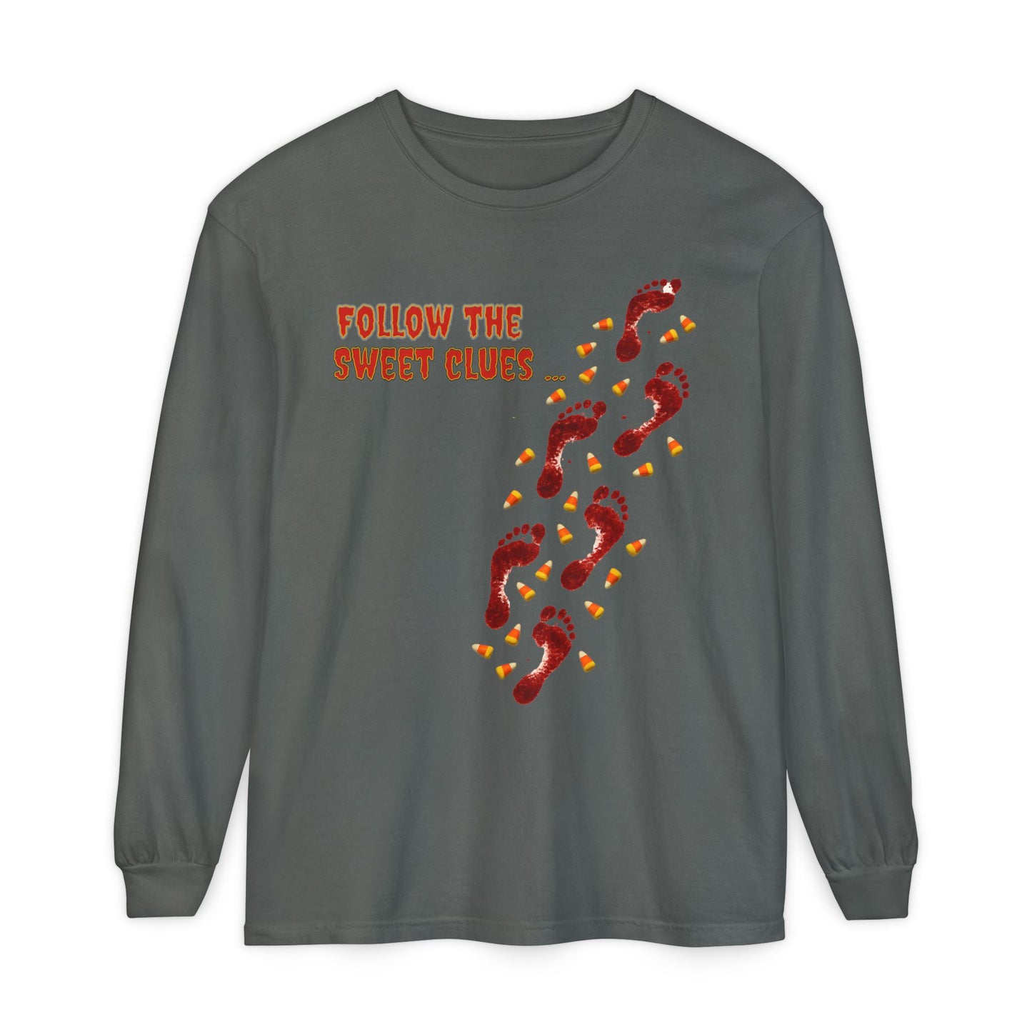 Long Sleeve T-Shirt - Follow the Sweet Clues - Bloody Footprints and Candy Corn Design