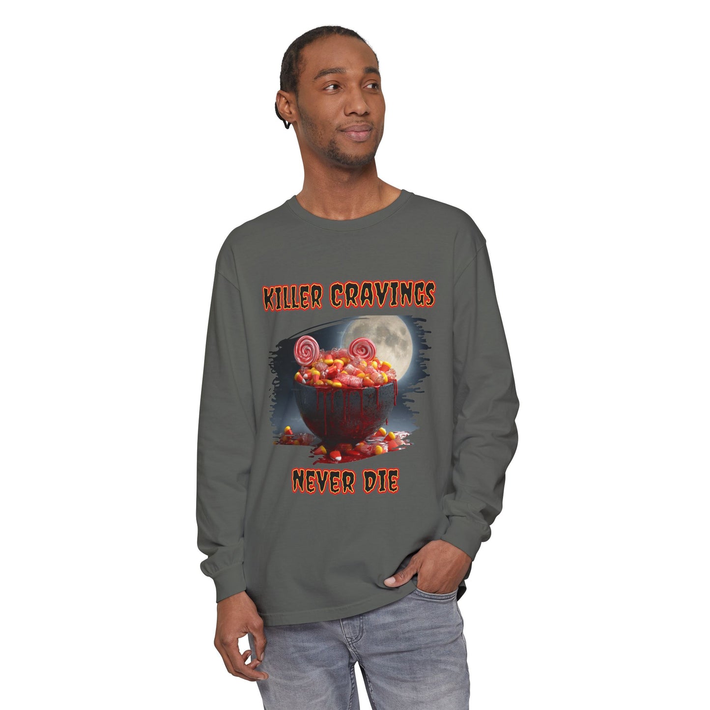 Halloween Candy Bowl Long Sleeve T-Shirt, Spooky Candy Corn Lollipops Moonlight Glow, Killer Cravings Never Die, Unisex Tee, Halloween