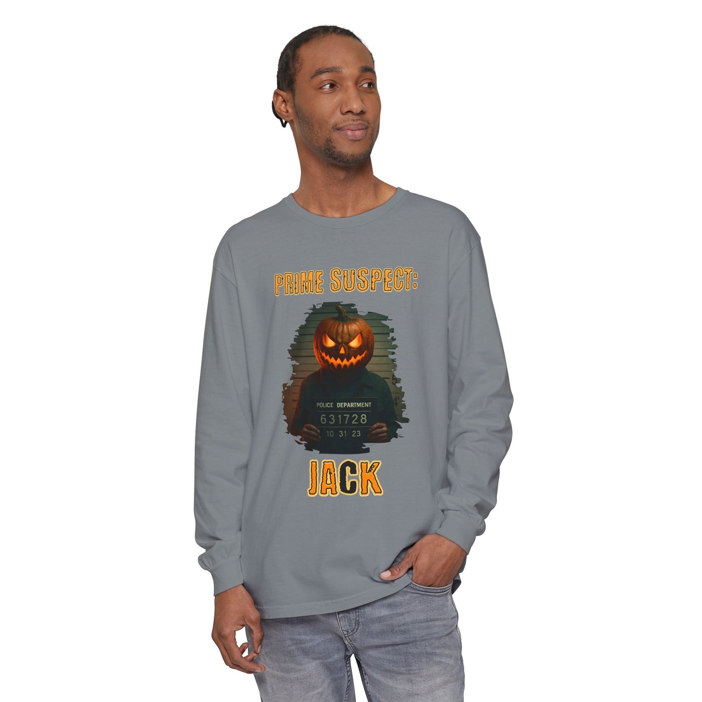 Photorealistic Pumpkin Mask Mugshot Unisex Long Sleeve Shirt, Halloween Costume, Jack-O-Lantern Gift, Fall Apparel, Halloween Party Outfit