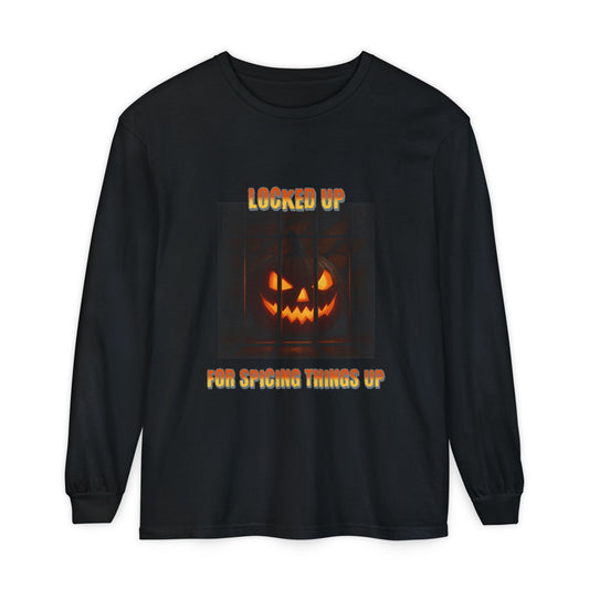 Garment-dyed Long Sleeve T-Shirt with Photorealistic Pumpkin Design, Locked up for Spicing Things Up, Halloween Shirt, Fall Tshirt, Orange